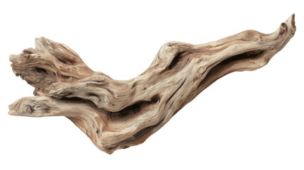 Weathered driftwood log featuring gnarled texture and organic shape, isolated with transparent background, nature element