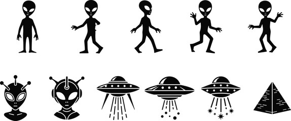 Silhouette icons of aliens, UFOs, and pyramid in sci-fi theme, ideal for extraterrestrial, conspiracy, and fantasy design use