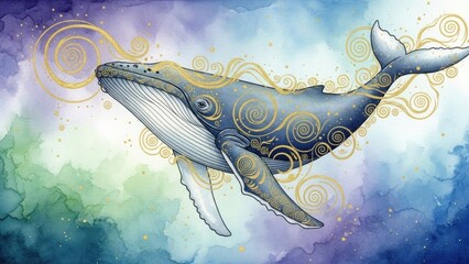 A whale with intricate golden swirls on its body, swimming against a blue and green watercolor background.