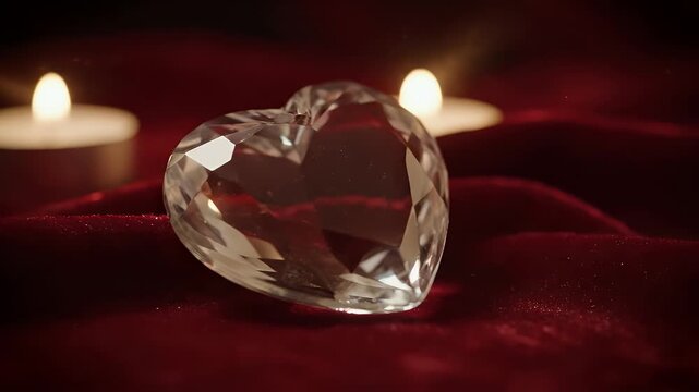 Slow close-up of sparkling crystal heart on deep crimson velvet, bathed in soft flickering candlelight for a warm romantic ambiance