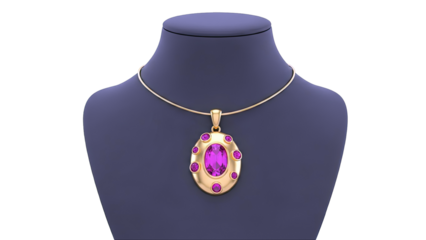 Gold Pendant Necklace with Pink Gems