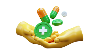 Hands holding medical symbols and pills