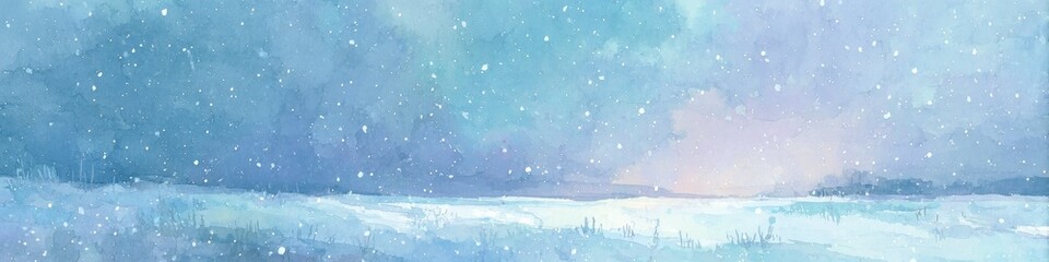 雪と空を描いた水彩風景イラスト 冬の背景