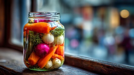 Colorful Pickled Vegetables in a Glass Jar on a Wooden Sill