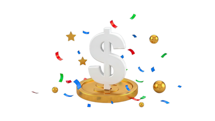 Dollar Sign on Gold Coin with Confetti and Stars