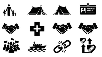 Refugee Crisis & Humanitarian Aid Icon Set – Migration, Shelter, Relief, Support, Thin Line Vector