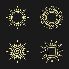 Golden sun and leaf logo symbols on dark background set