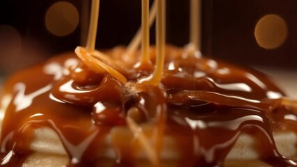 Caramel Sauce Pouring over Dessert for Ramadan Iftar in Dark Mood