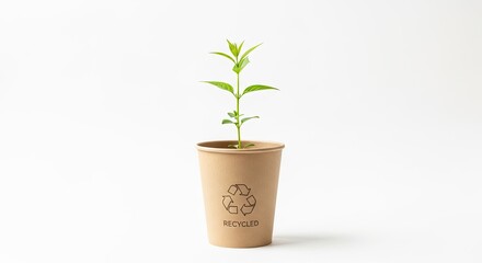 A green plant growing from a brown paper cup with a recycling logo on it.