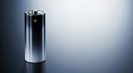 A shiny, cylindrical battery with a metallic finish against a gradient background.