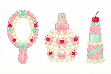 Cute pastel dessert set with floral wreath, perfume bottle cake and layered candy candle, kawaii hand drawn illustration isolated on white