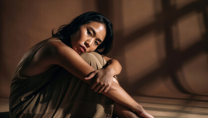 Contemplative Asian woman sitting on floor hugging knees in shadows