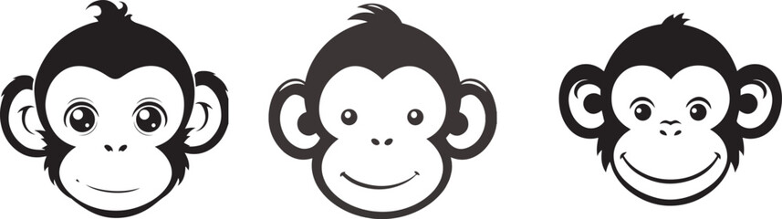 Playful Primate Trio: A charming collection of three cartoon monkey faces, each showcasing unique expressions, from wide-eyed curiosity to a cheerful grin, representing a spectrum of emotions.