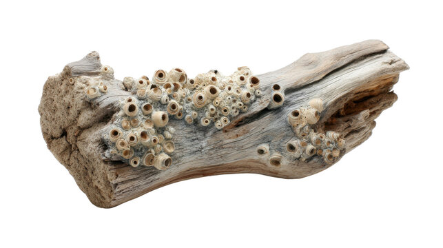 Driftwood log covered in barnacles and marine growth, showing patterns of decay, isolated on transparent background