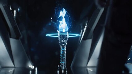 Futuristic torch with digital blue flame, glowing halo, and intricate design, set in a metallic hallway