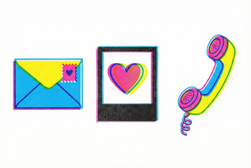 Colorful communication icons set with envelope, framed heart message and retro phone handset, bold playful graphic illustration isolated on white