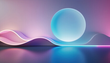 A glowing blue sphere hovers above a translucent wavy surface with vibrant pink and blue light reflections.