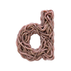 earthworm letter D - Small 3d earthworm font isolated on white background. This alphabet is perfect for creative illustrations related to gardening, compost, horror concept. Generative AI