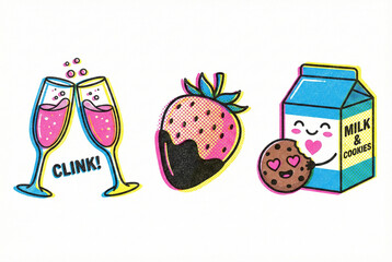 Cute colorful hand drawn food icons set with champagne glasses, strawberry and milk carton with cookie, playful cartoon illustration isolated on white