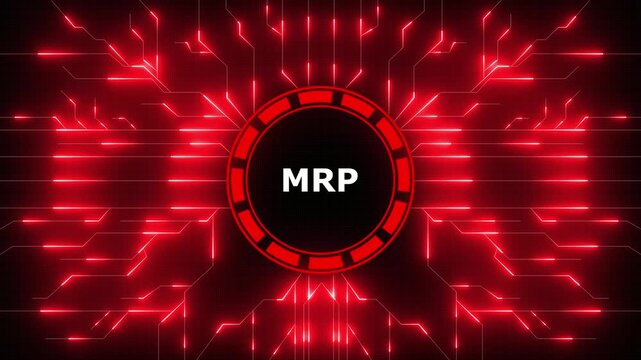 Futuristic digital display with the mrp abbreviation and circuitry background in blue, 4k video