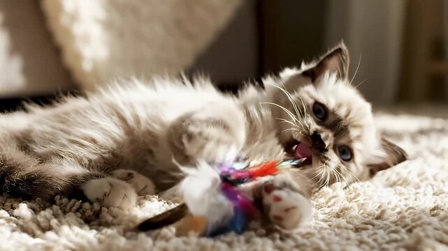 A charming, fluffy kitten with striking blue eyes is captured in a delightful moment of energetic play, batting and playfully biting at a colorful feathered toy on a soft, textured rug. Bathed in warm