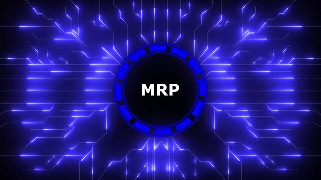 Futuristic digital display with the mrp abbreviation and circuitry background in blue, 4k video