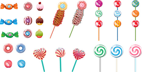 Playful candy icons in a multicolored flat design, perfect for kids, sweets, and festive visual projects.