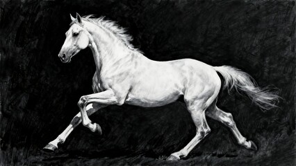 Majestic white horse galloping with flowing mane in dark atmosphere