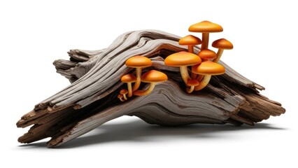A group of mushrooms growing on a piece of driftwood.