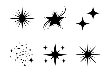 Black star sparkle icons and twinkling light effect symbols set