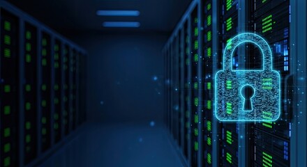 A server room with a glowing blue padlock in the foreground.