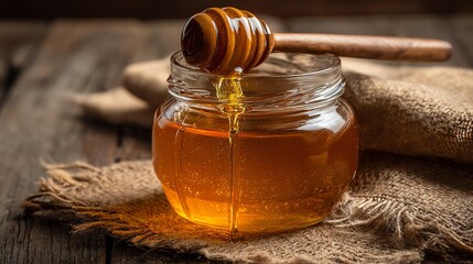 Golden Honey Jar with Dipper on Rustic Wood