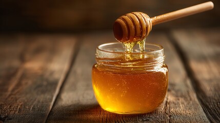 Golden Honey Drizzling from Dipper into Glass Jar on Rustic Wood