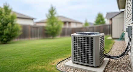 An outdoor air conditioning unit installed on the side of a house, with a green lawn and trees in the background.