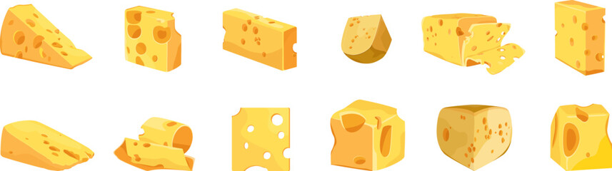 Delicious cheeses food icons vector set featuring a variety of cheese types in a clean, modern style.