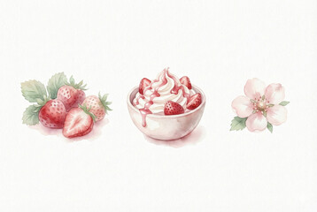 Watercolor strawberry dessert set with fresh berries, whipped cream bowl and soft pink blossoms, hand painted pastel illustration isolated on white