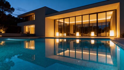 間接照明が映える夜の高級住宅プール写真