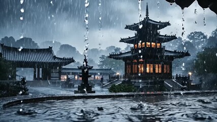 Rain Retreat background with rain droplets and temple silhouette for Buddhist meditation