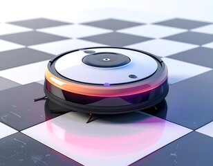 Futuristic robotic vacuum cleaner cleaning a checkered floor