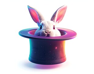 Whimsical illustration of a white bunny peeking out of a colorful top hat