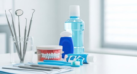 A dental care kit with a mouth model, toothbrush, and mouthwash on a white table.