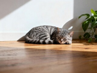 A striped grey tabby cat sleeps peacefully curled up on a warm sunlit wooden floor in a cozy room next to a green plant.