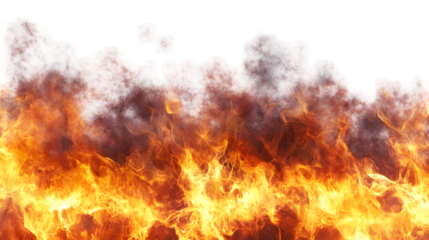 A large fire with flames and smoke rising against a white background