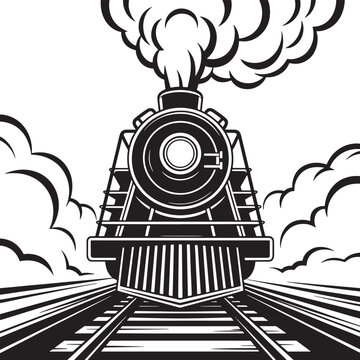 Vintage steam locomotive approaching on railroad tracks with smoke and steam