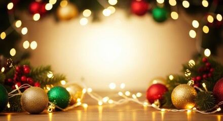 Christmas baubles and lights on a wooden table.