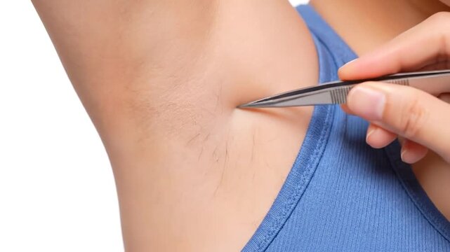 Close-up of tweezers plucking hair from armpit