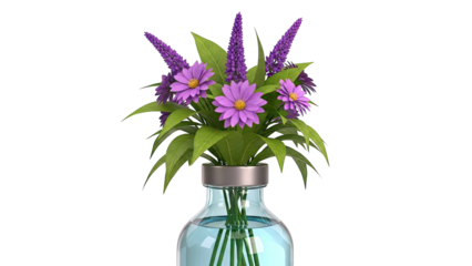 Bouquet of purple flowers in a glass vial with blue liquid