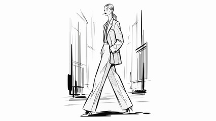 Fashion illustration of a woman walking in a stylish suit.