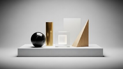 A minimalist composition of geometric shapes including a sphere, cylinder, cube, and pyramid on a white pedestal.