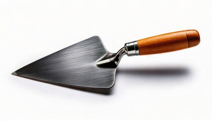 Close-up of a triangular trowel with a wooden handle.